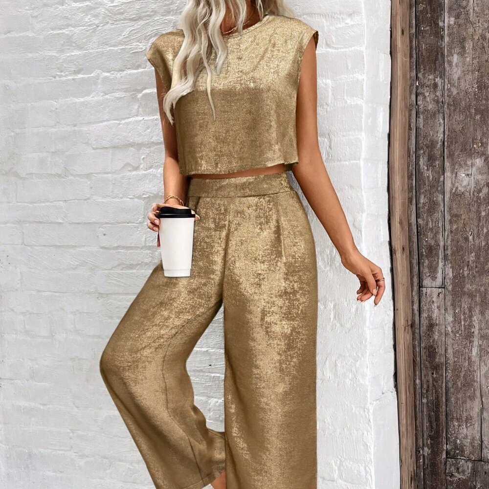 Gold Casual Women's Sleeveless T-Shirt & Long Pants Set